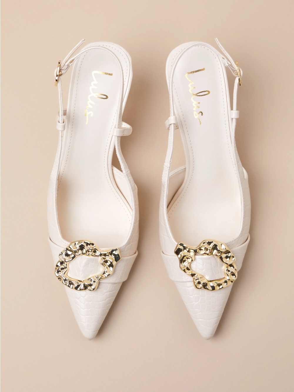 Lulu's Cream Pointed Toe Slingback Mules with Gold Floral Buckle